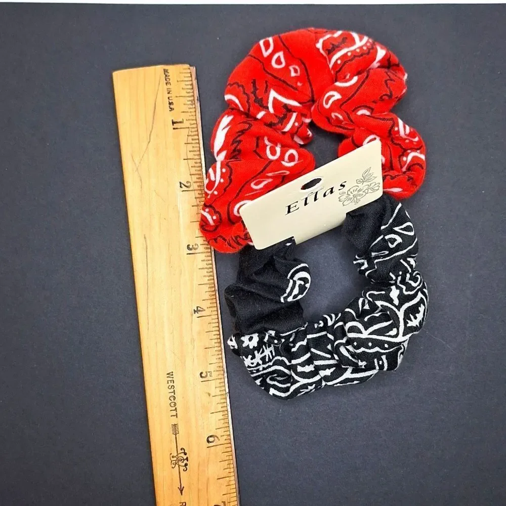 Red and black Paisley scrunchies bandana pattern hair ties